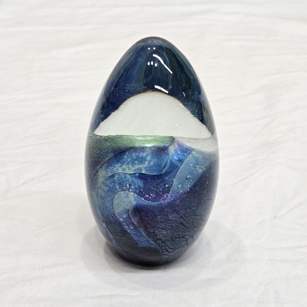 Vtg R Eickholt‎ Iridescent Blue Earth Studio Art Glass Paperweight 4" Egg-shaped